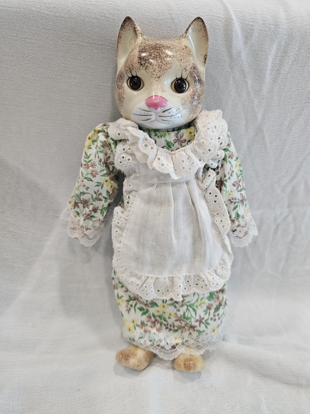 Vintage Porcelain Anthropomorphic Cat Doll in Floral Dress & Lace Apron